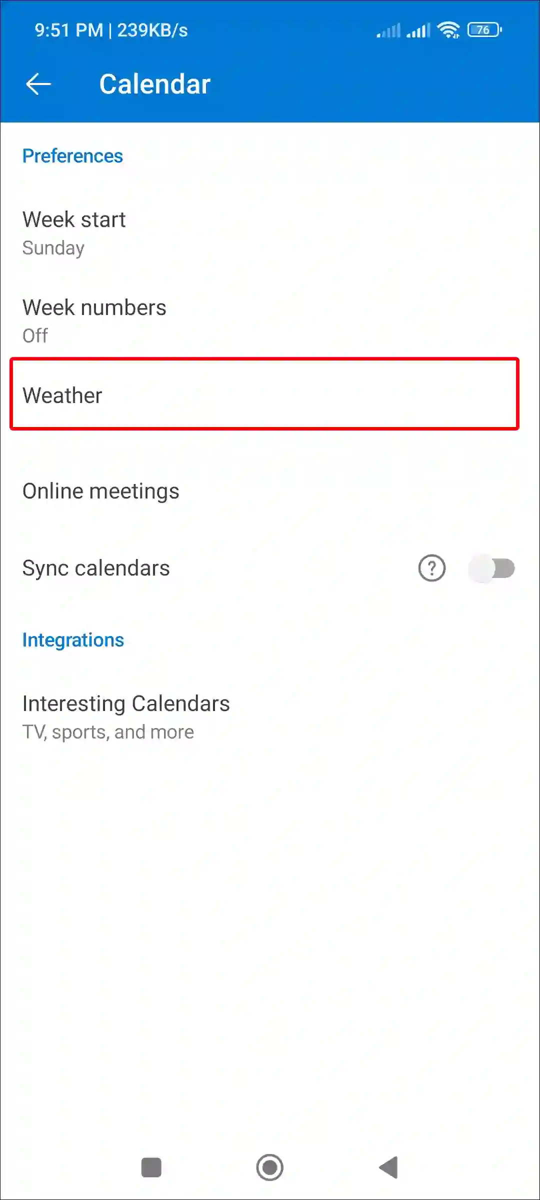 outlook app weather android