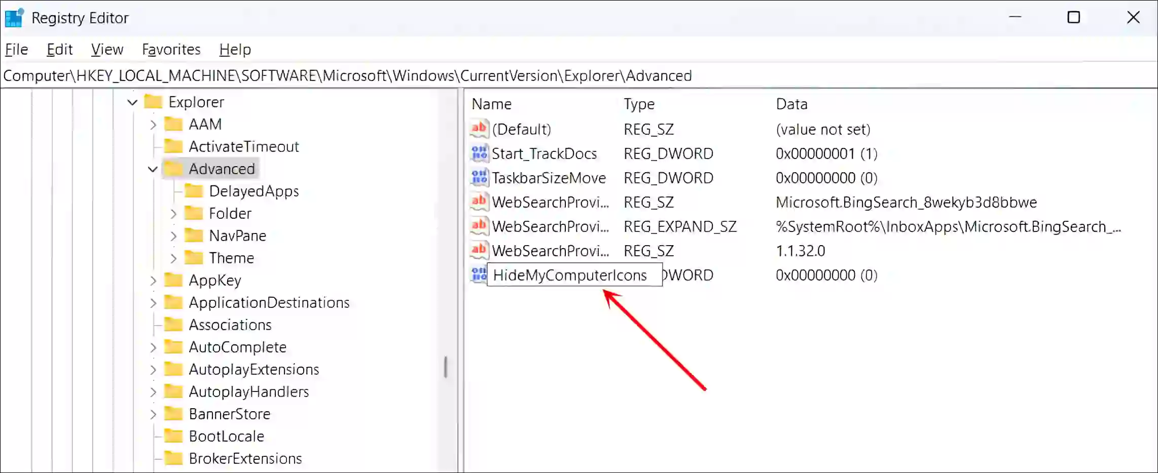 registry editor hidemycomputericons