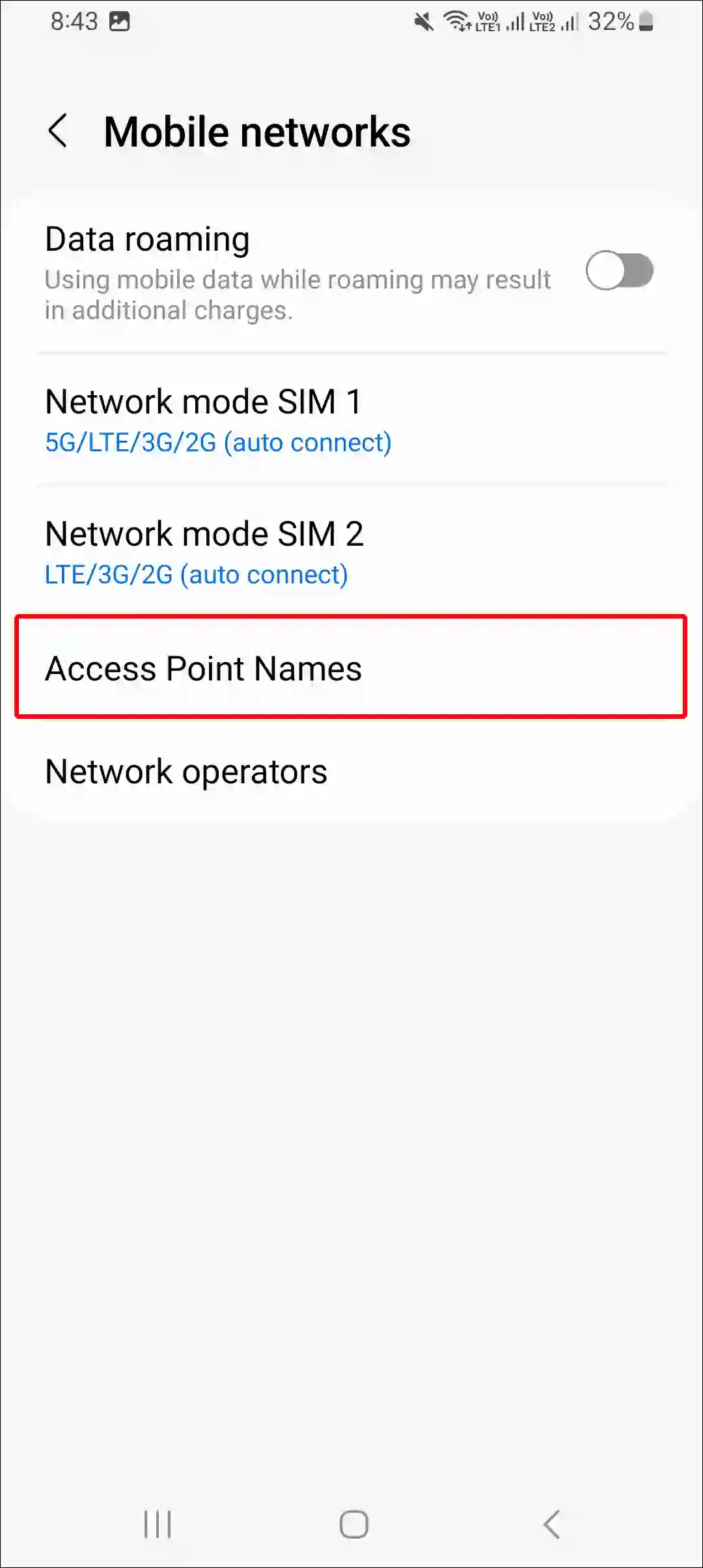 samsung access point names settings