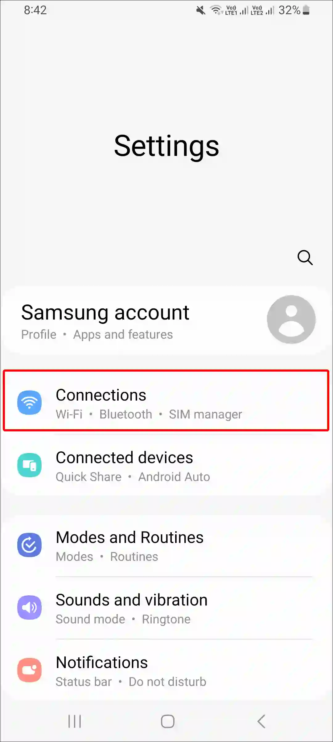 samsung connections settings