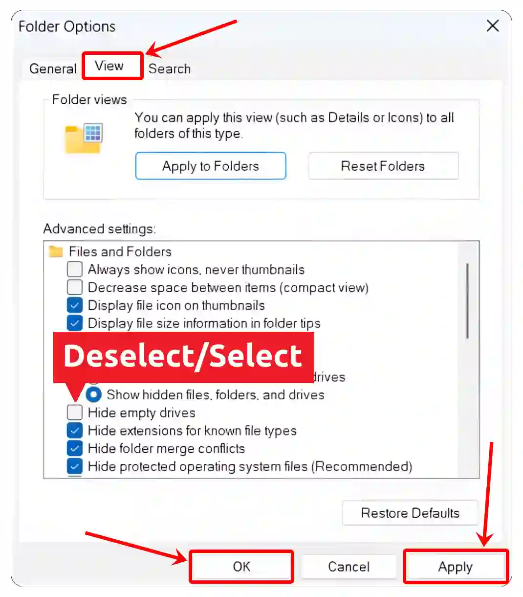 show hide empty drives folder options