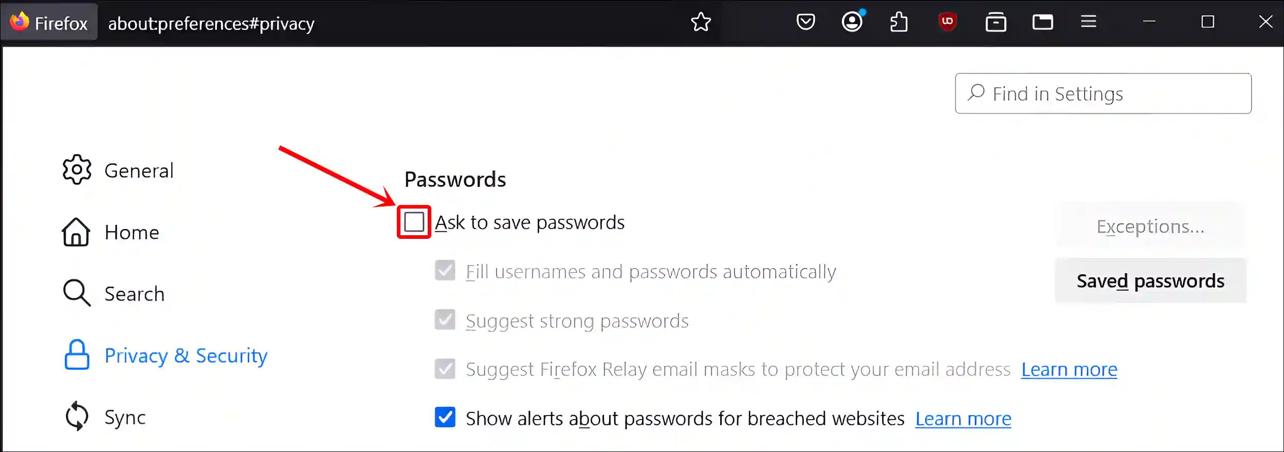 stop firefox from asking to save passwords