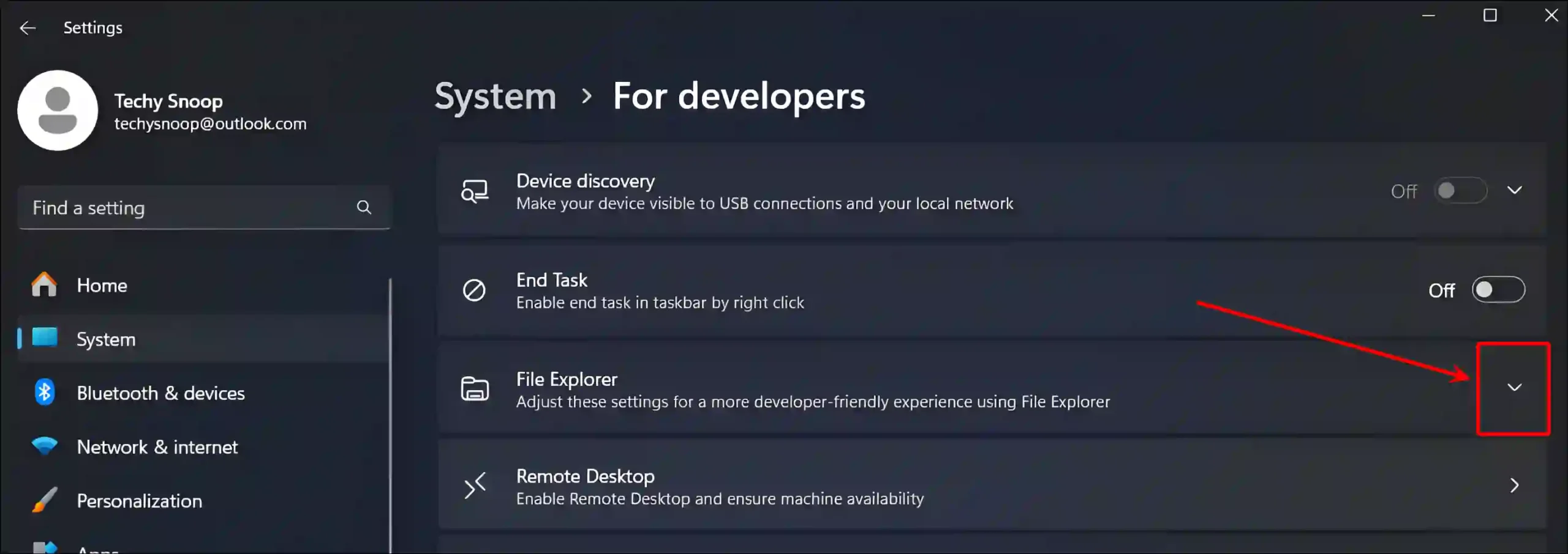 system for developers file explorer settings