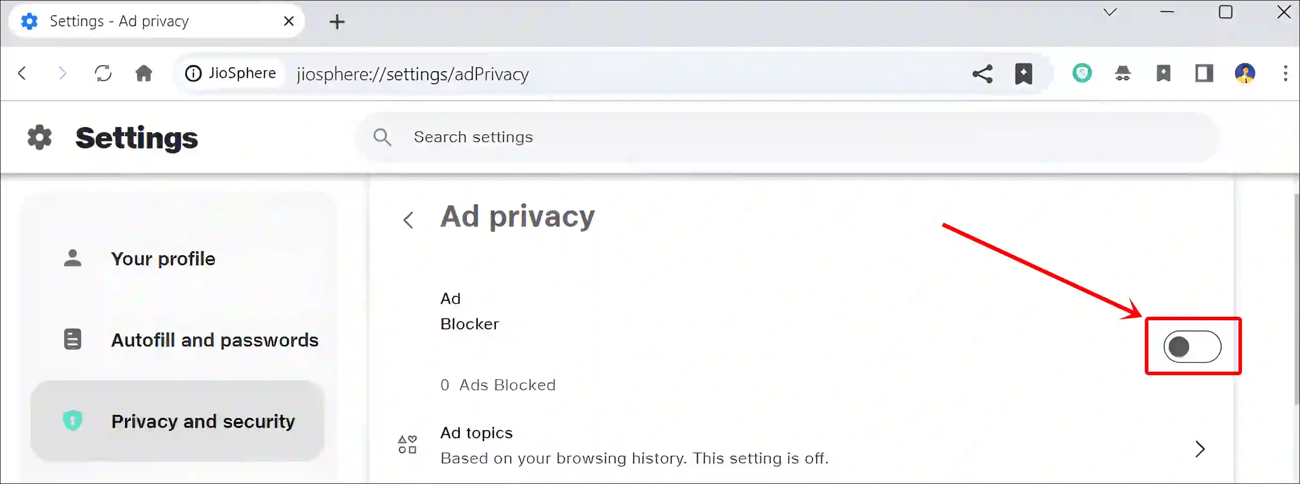 turn off ad blocker in jiosphere pc