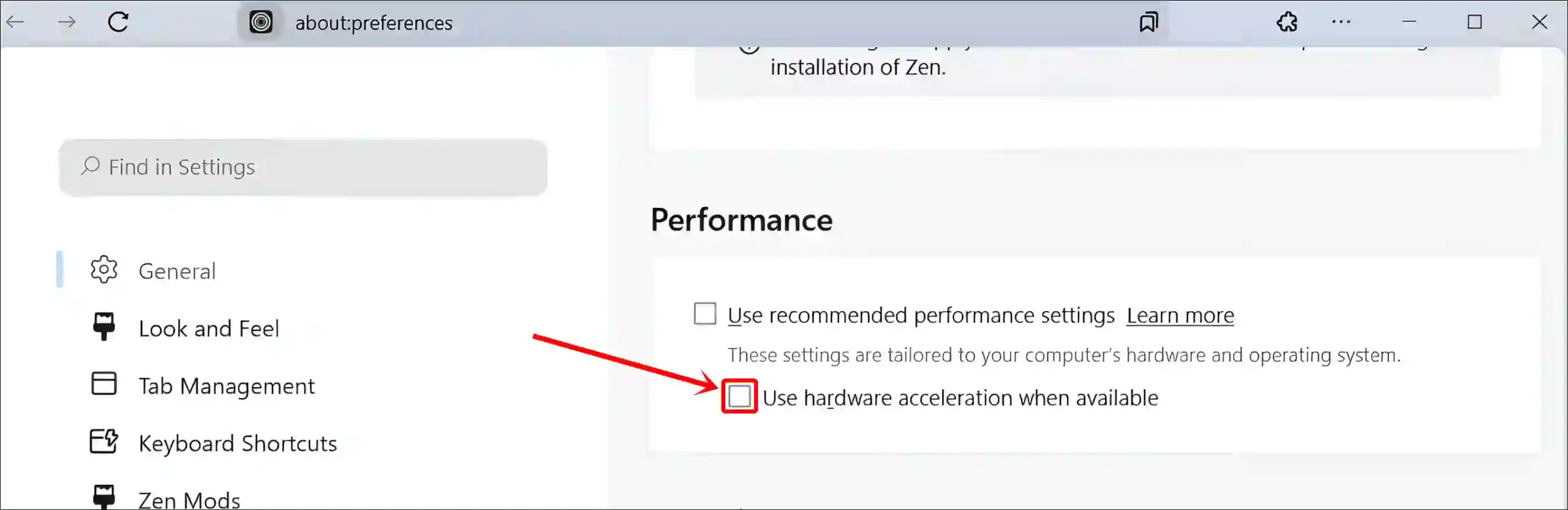 turn off hardware acceleration zen browser