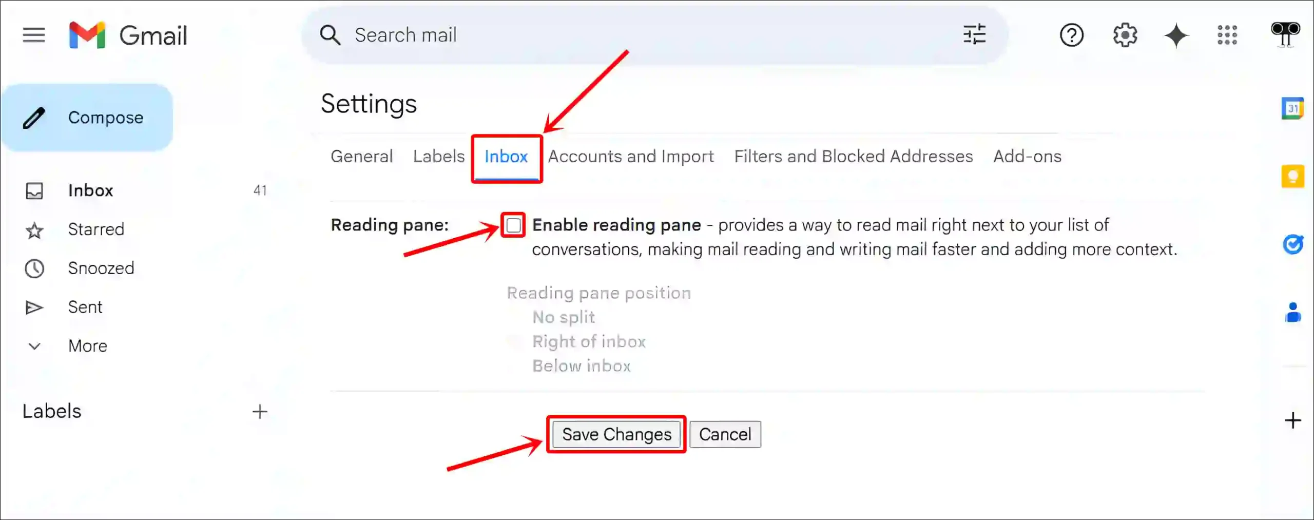 turn off reading pane in gmail