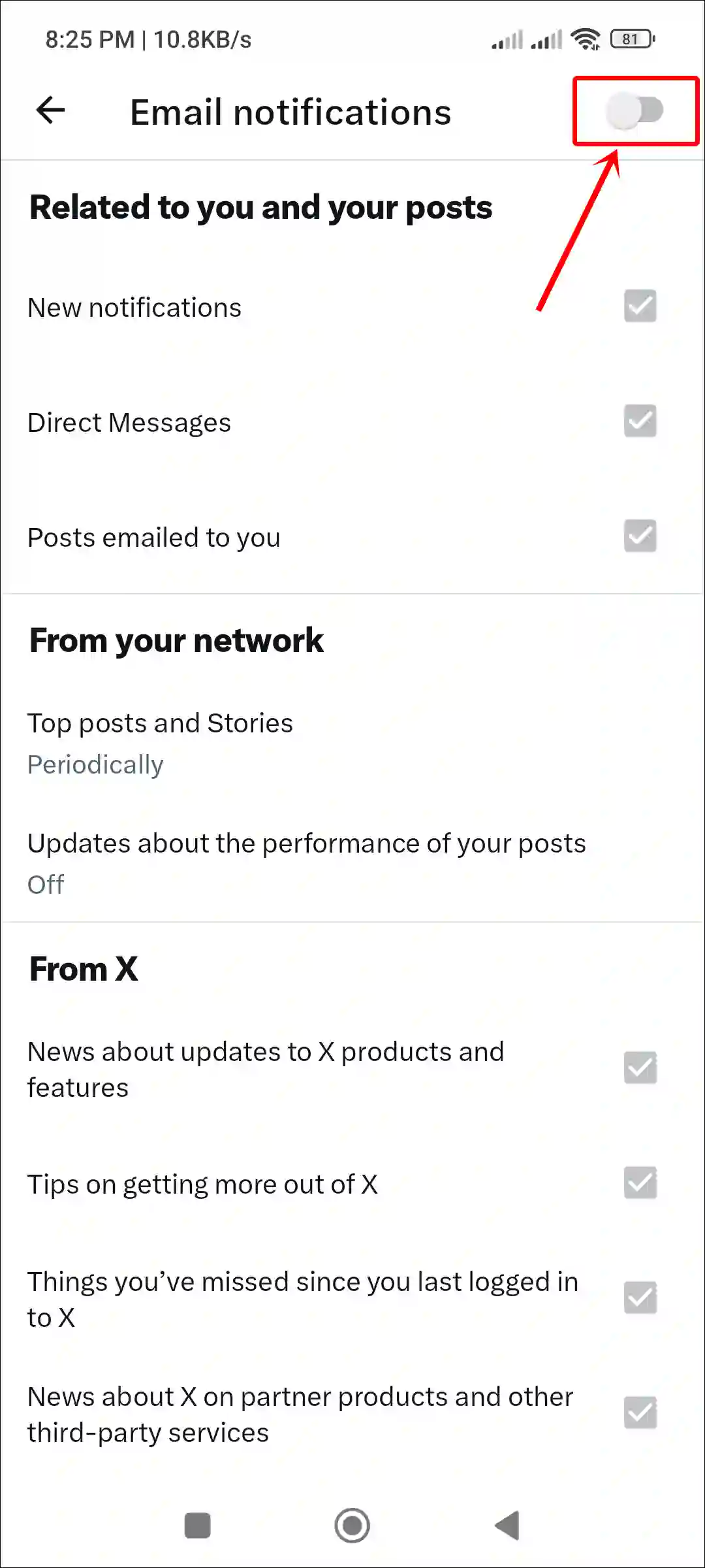 turn off x app email notifications