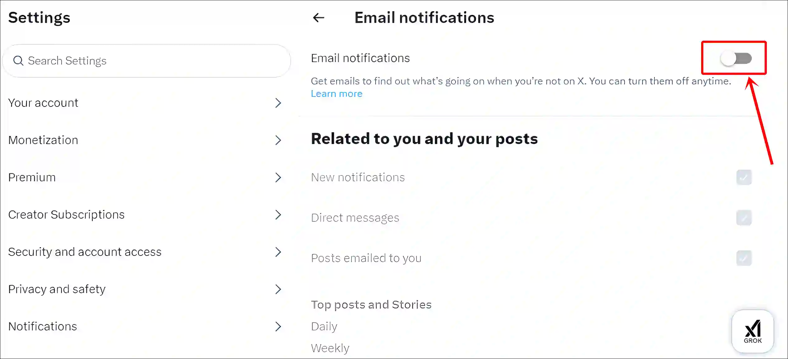 turn off x website email notifications