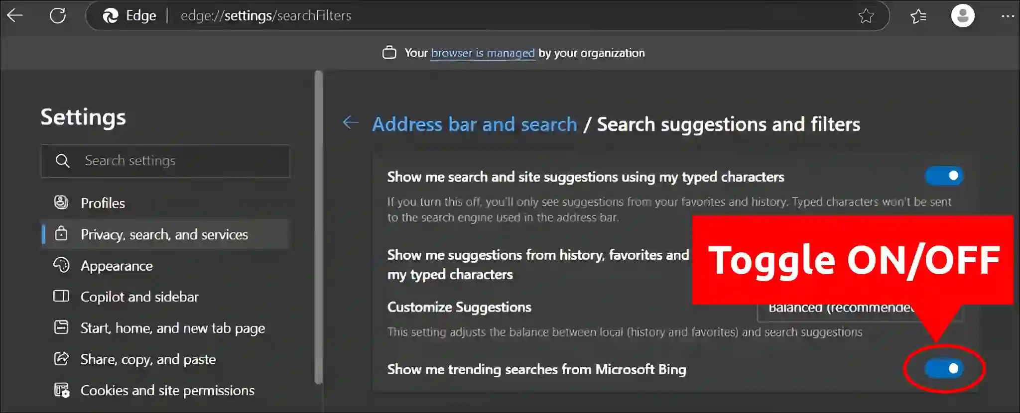 turn on off bing trending searches in edge settings