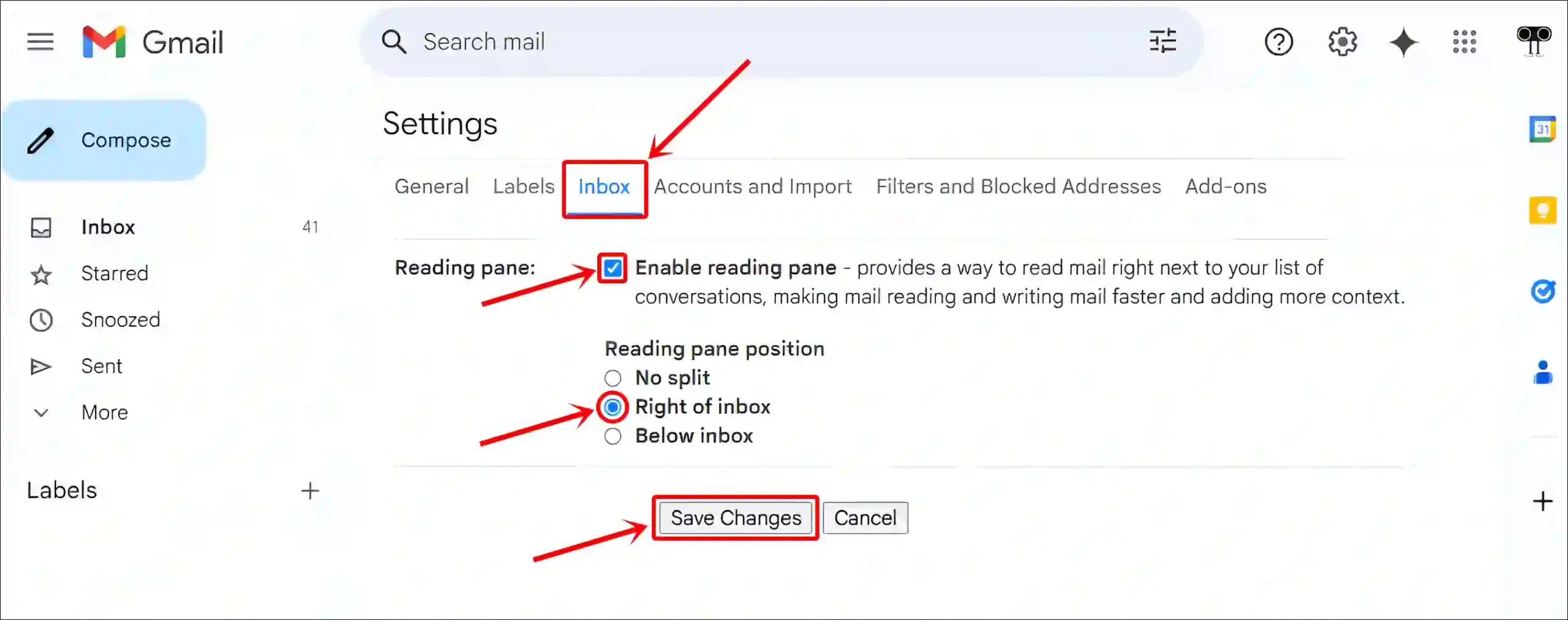 turn on reading pane in gmail