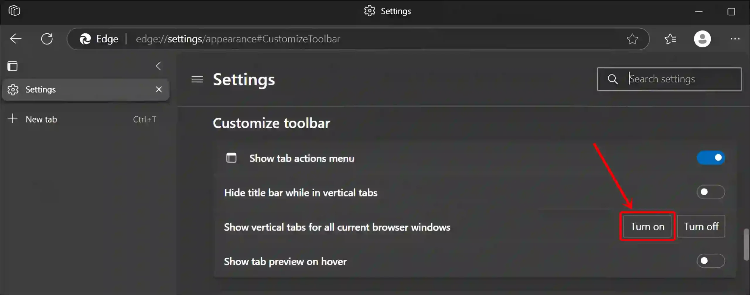 turn on vertical tabs in edge