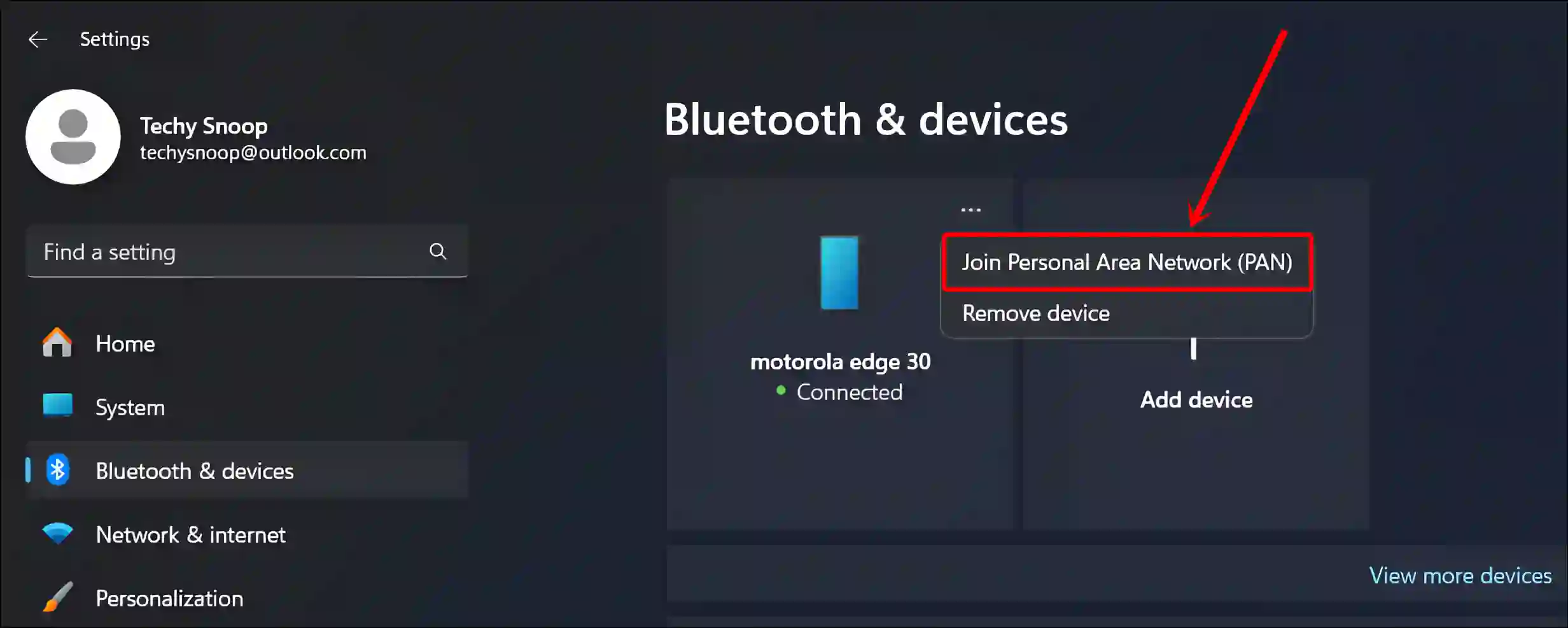 windows bluetooth join personal area network