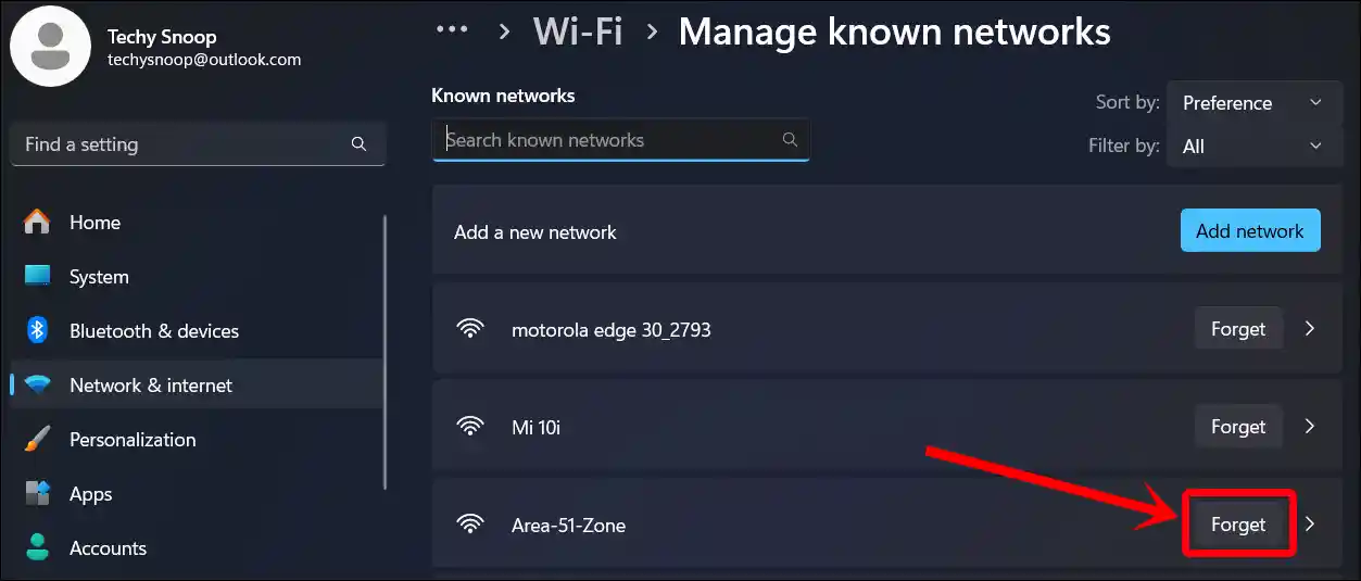 windows wifi network forget