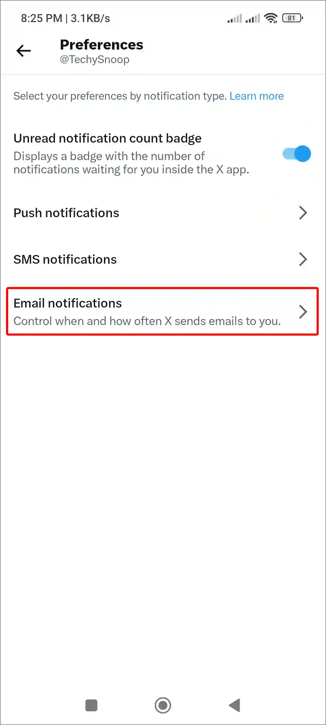 x twitter app email notifications settings