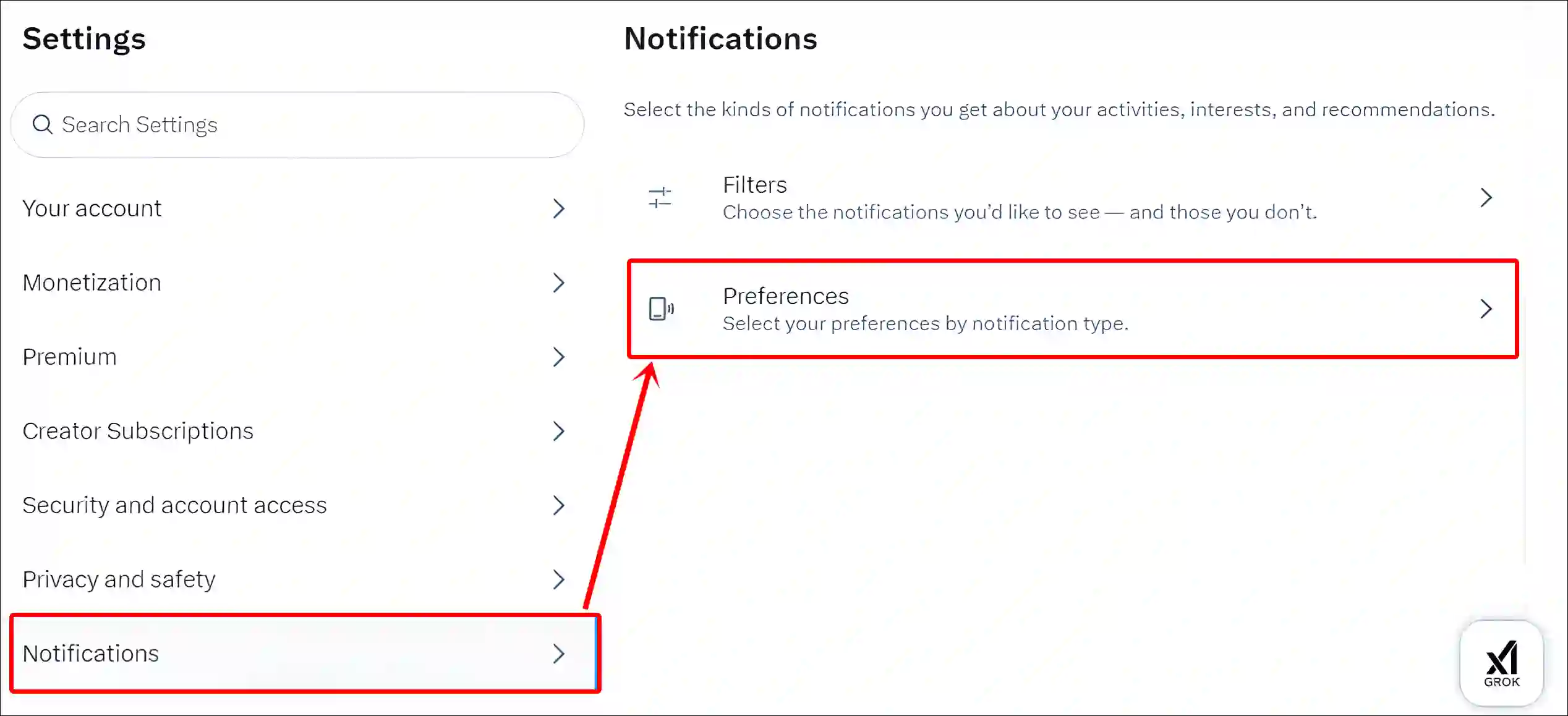 x website notifications preferences