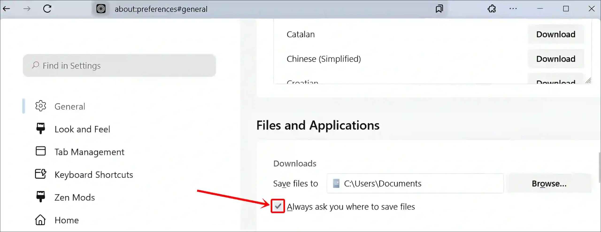 zen browser always ask you where to save files