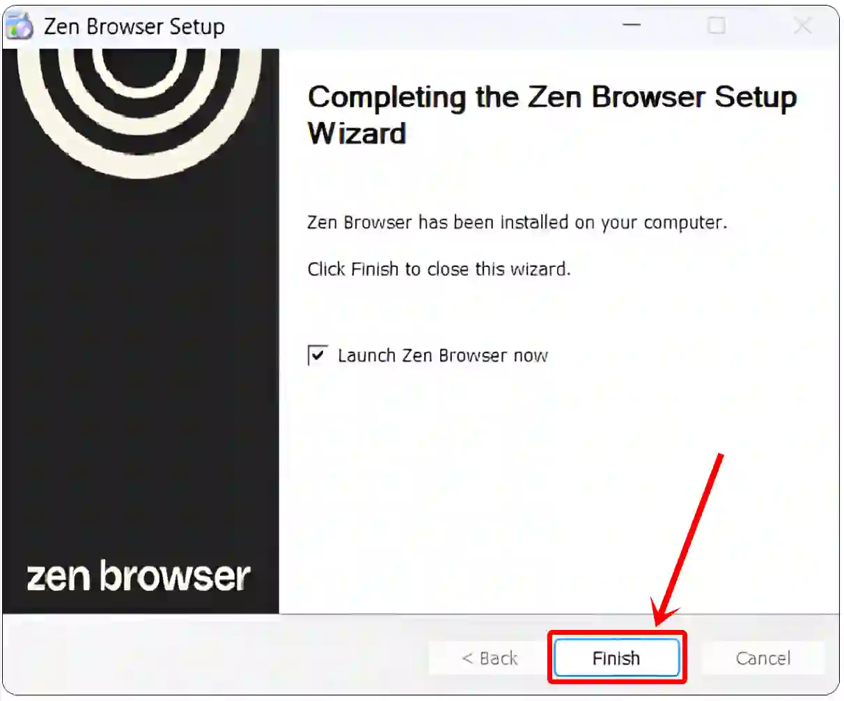 zen browser installation finish