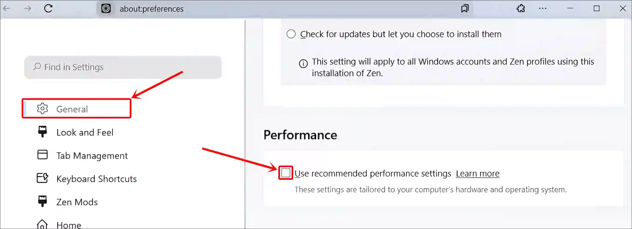 zen browser performance settings