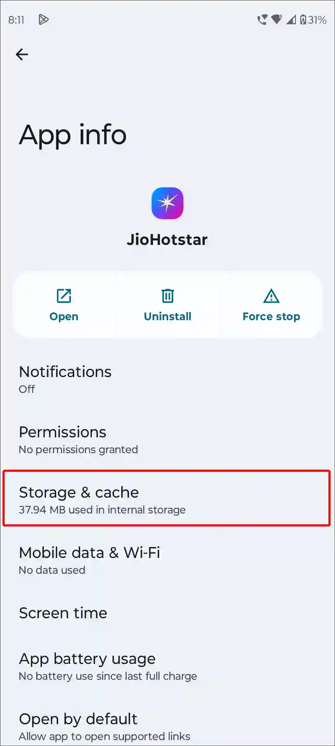 android jiohotstar storage & cache