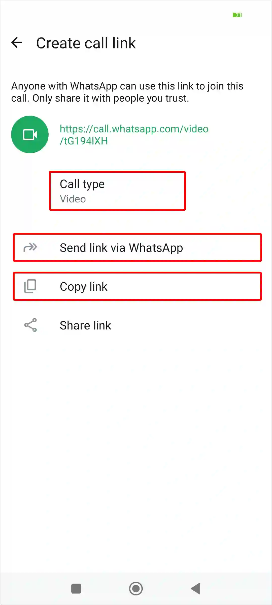 android send video call link via whatsapp