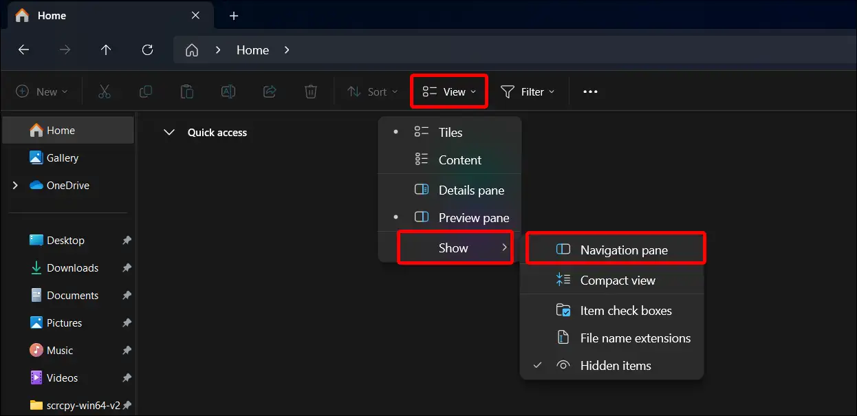 hide navigation pane windows 11