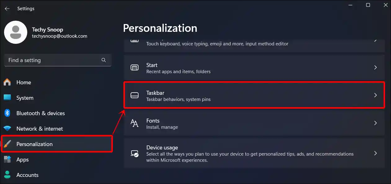 personalization taskbar windows 11