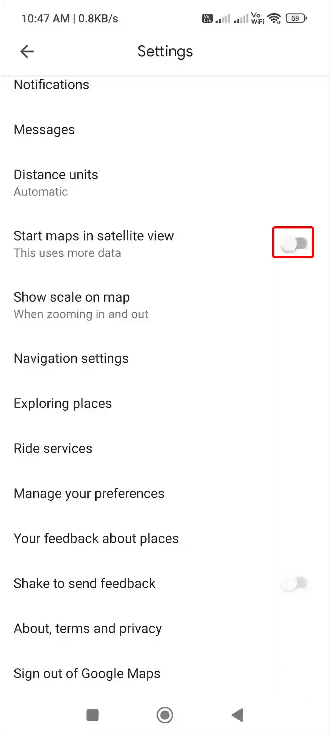 turn off start maps in satellite view