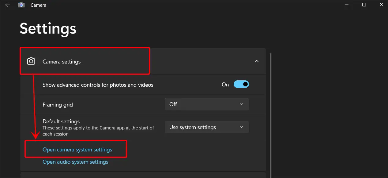 windows open camera system settings