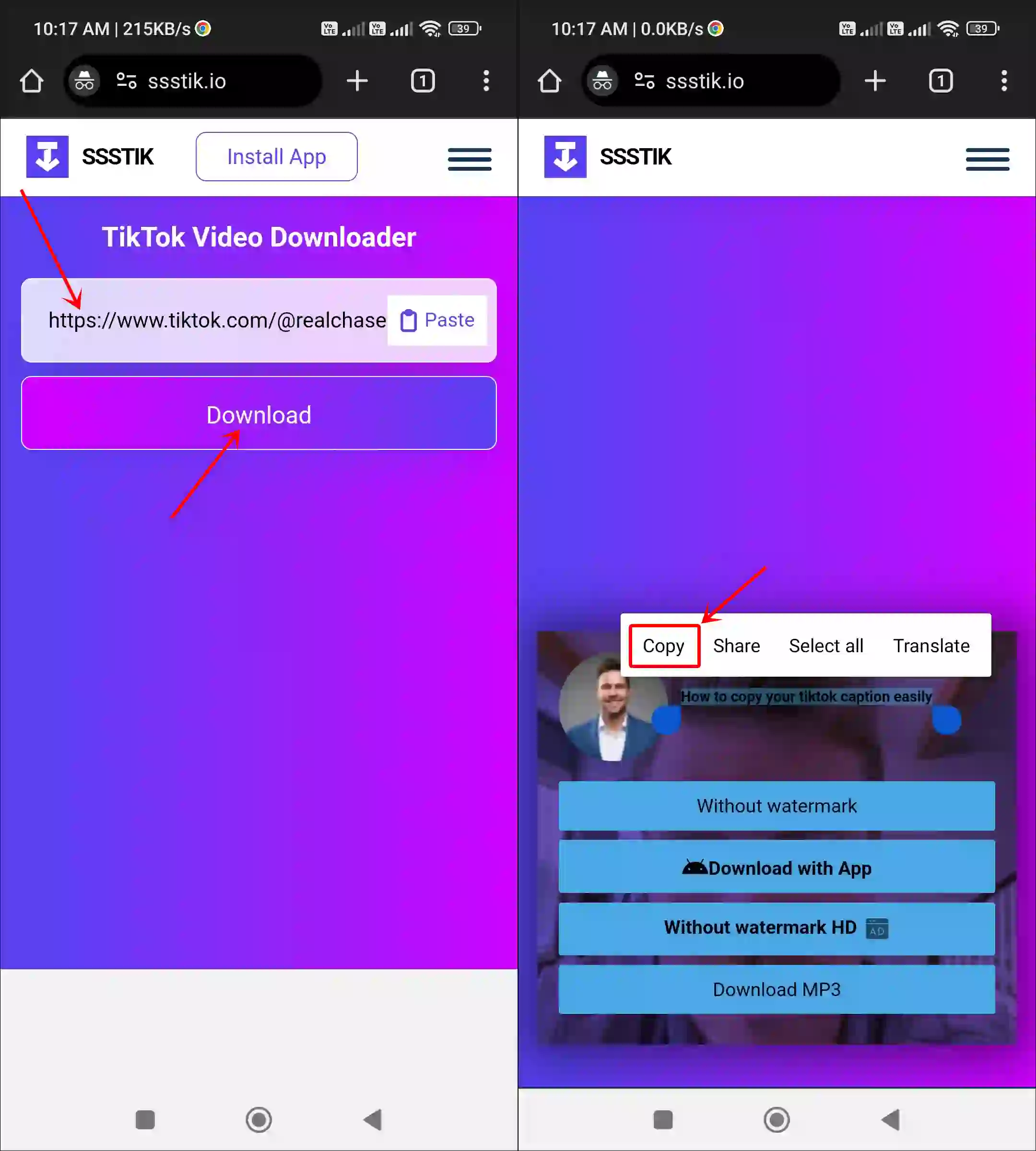 Copy text from TikTok video caption online using ssstik.io