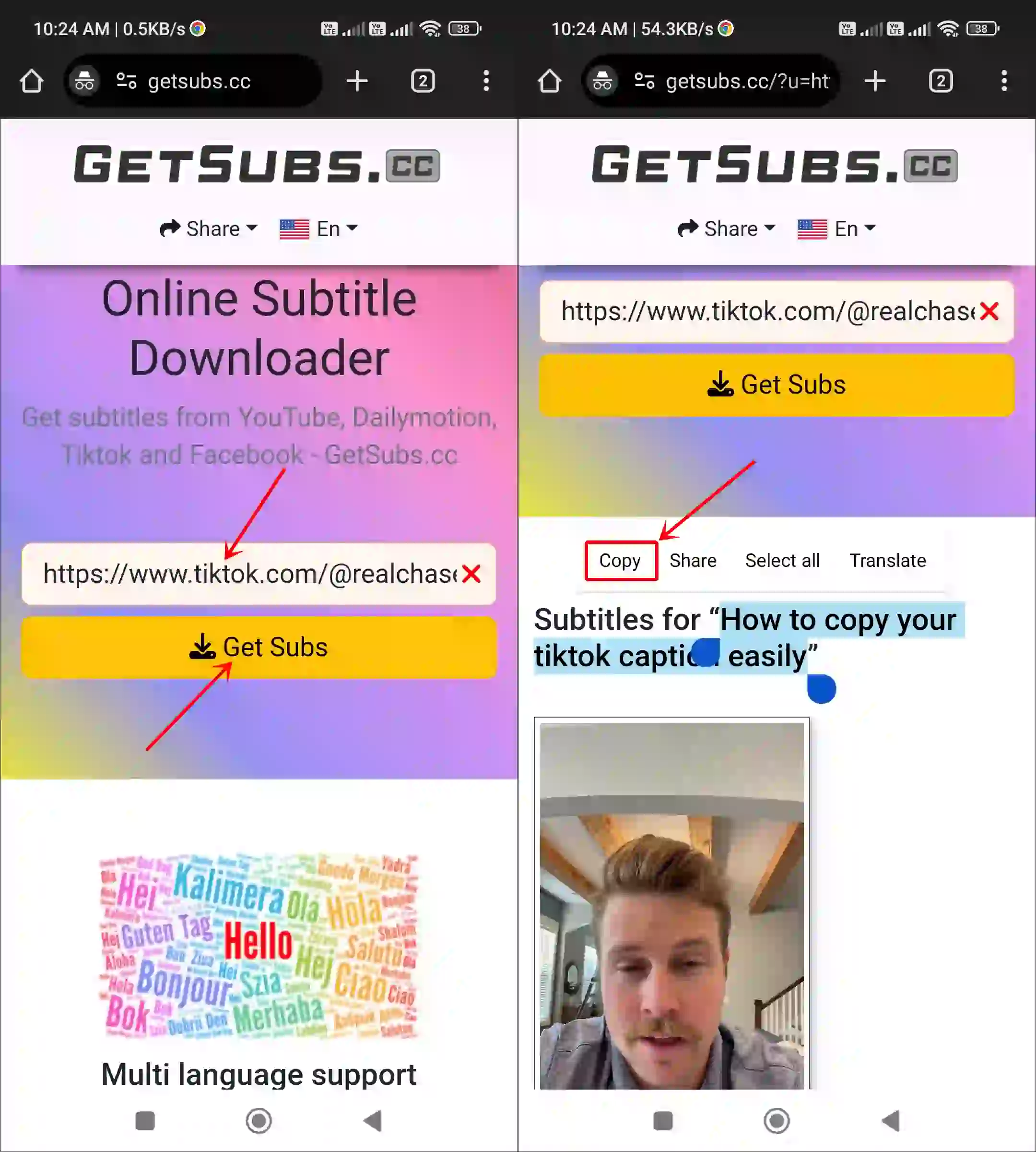 Copy TikTok video caption using Getsubs.cc on Android or iPhone