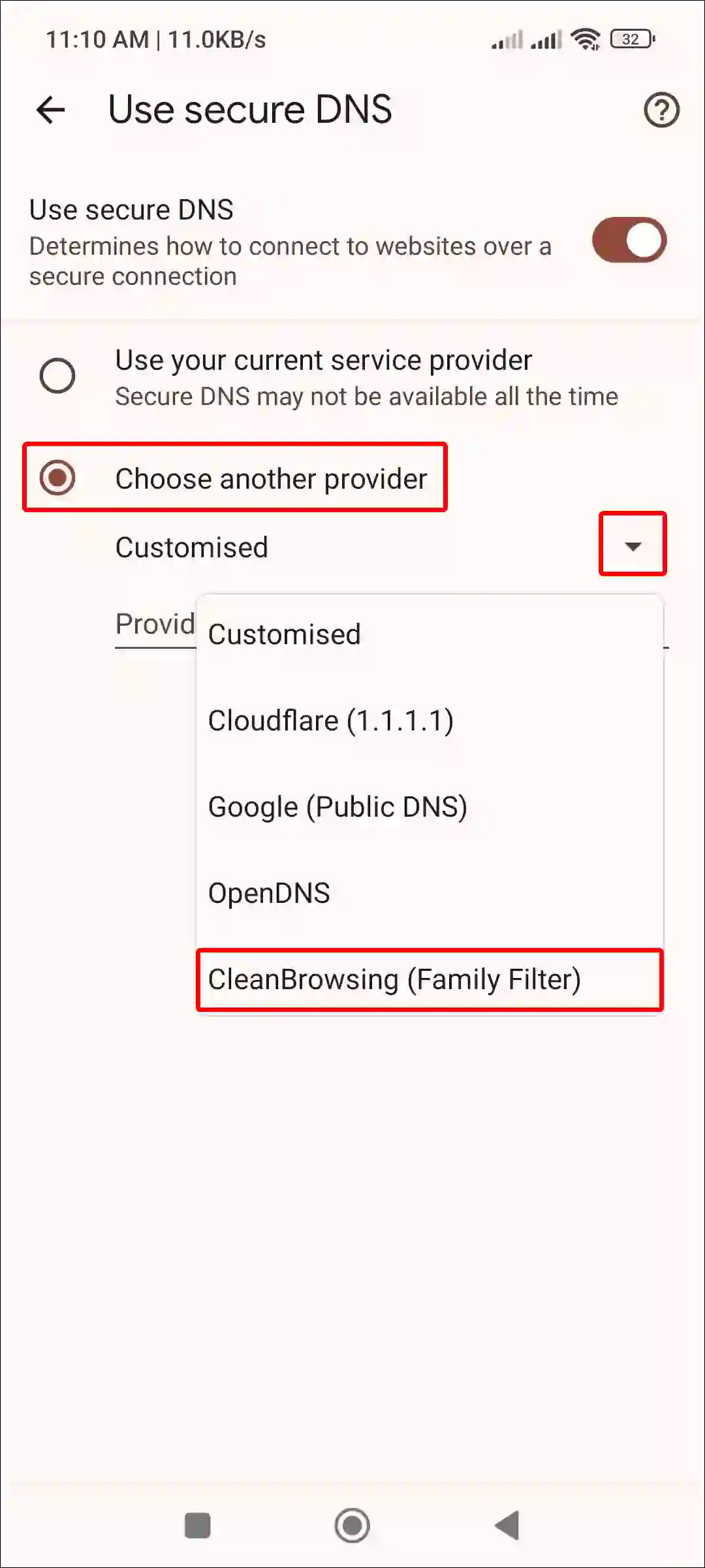 android chrome cleanbrowsing dns
