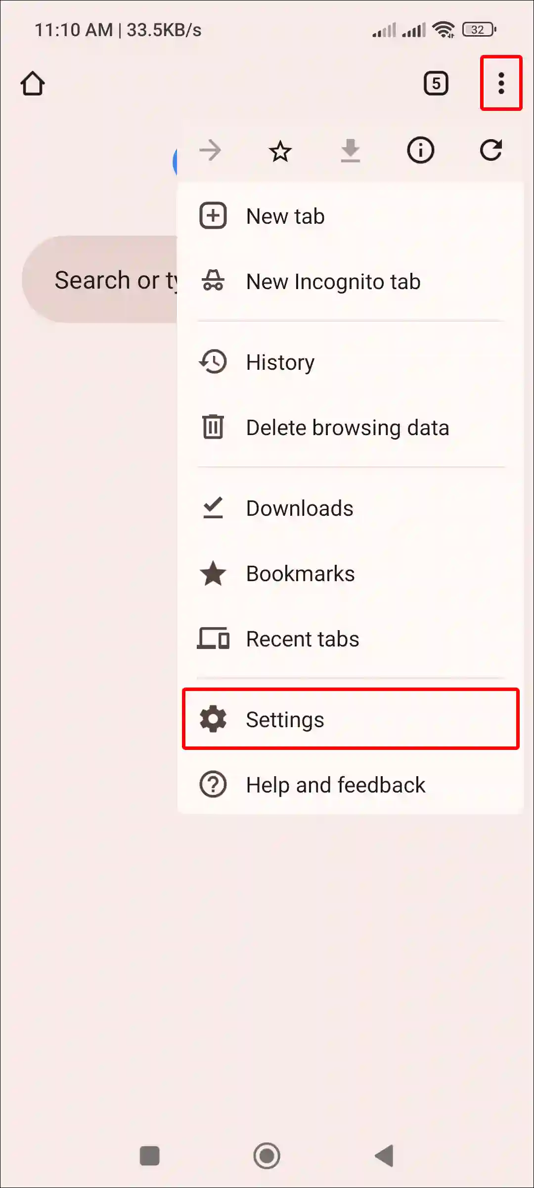 android chrome three dots settings
