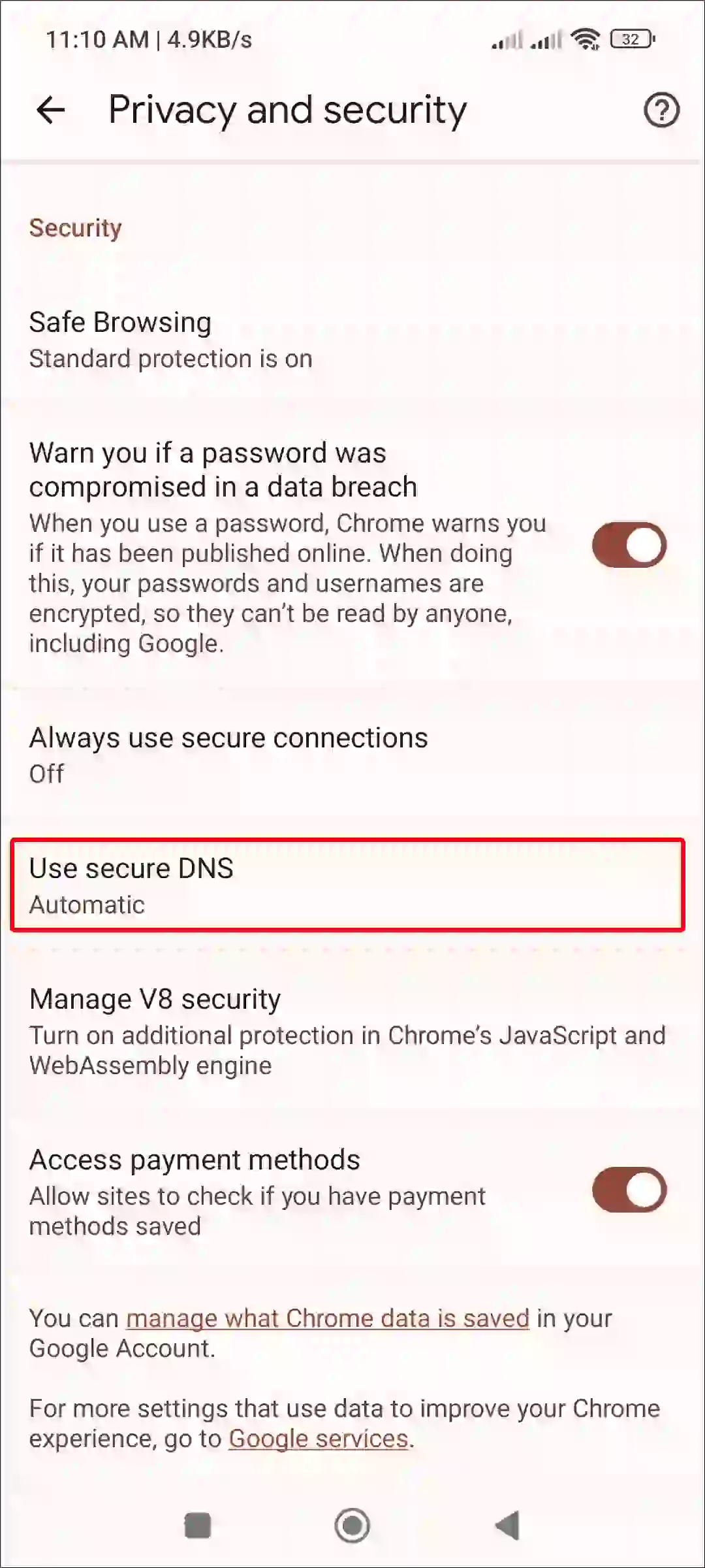 android chrome use secure dns