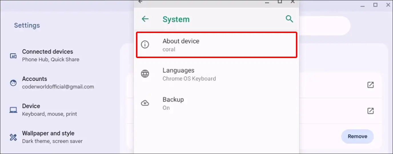 chromebook android about device settings