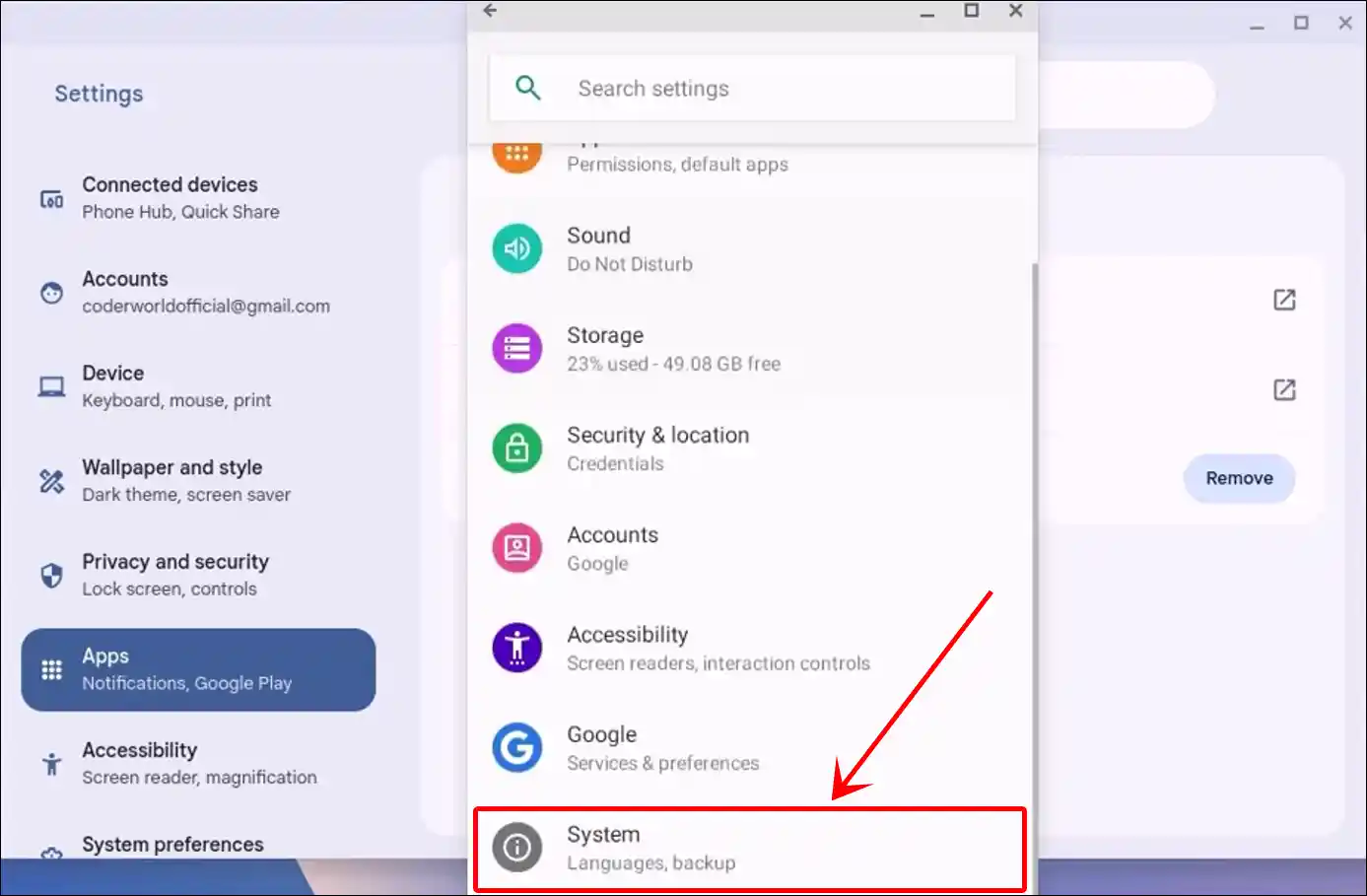chromebook android system settings