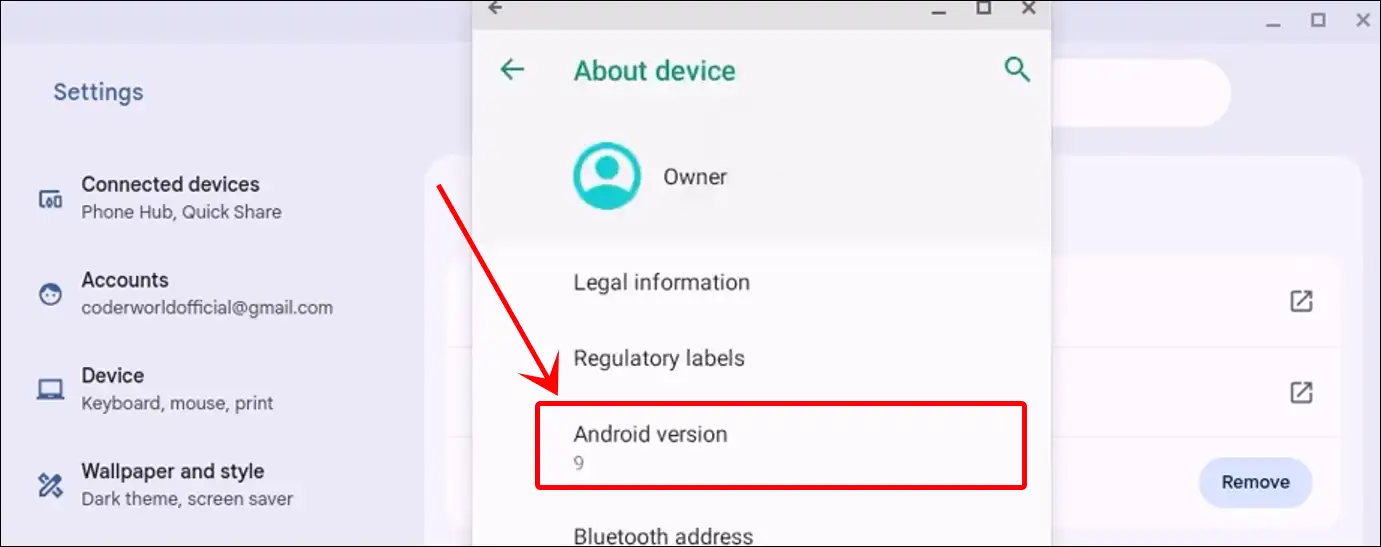 chromebook android version settings