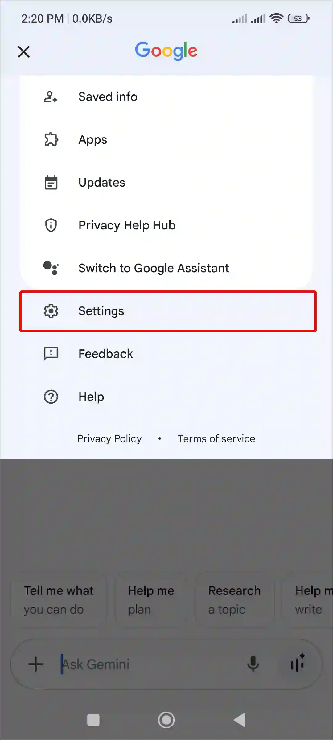 gemini app settings