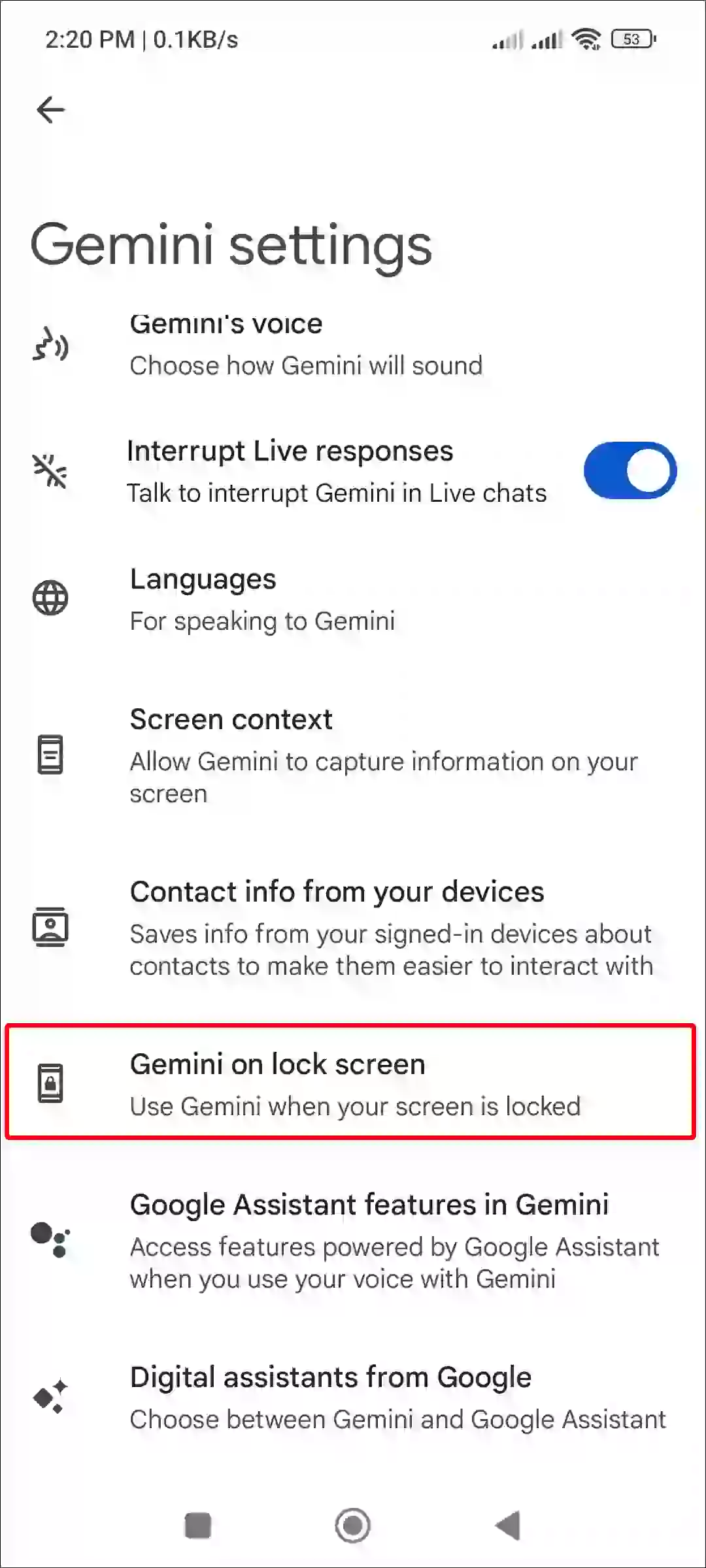 gemini on lock screen settings