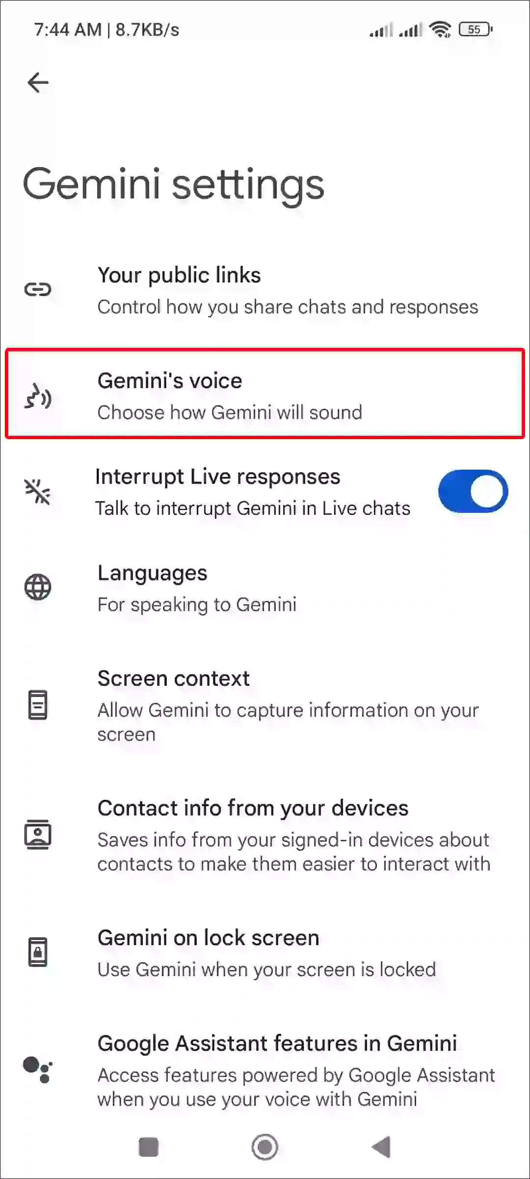 gemini's voice settings