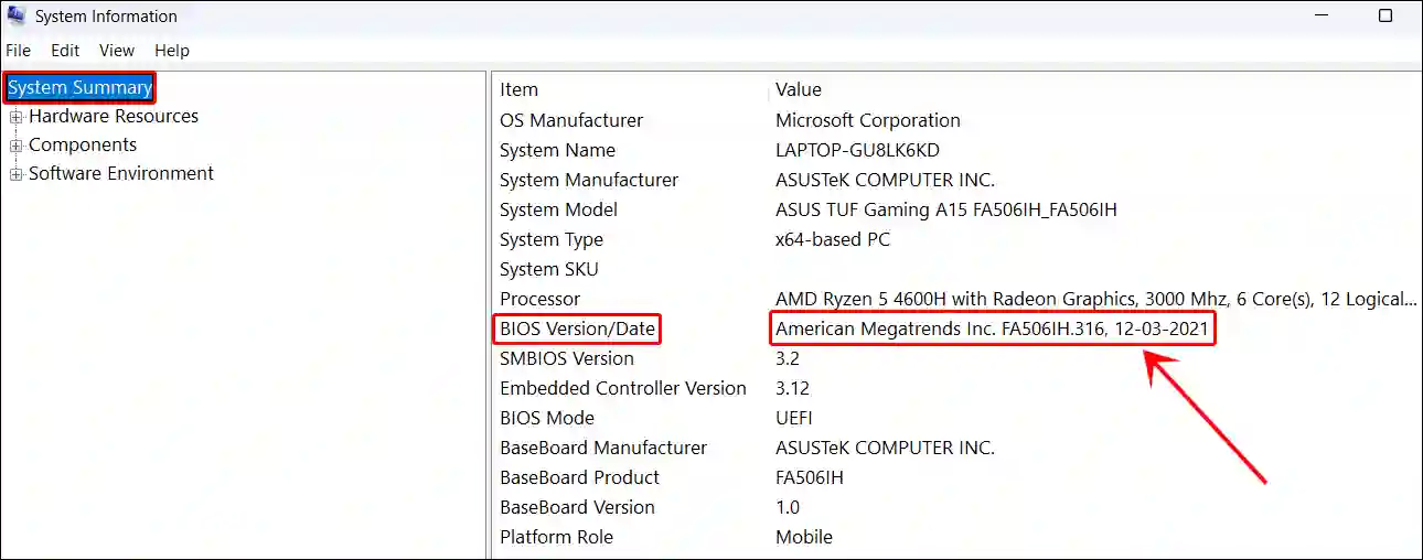 Get bios version date on Windows 11 using MSInfo32