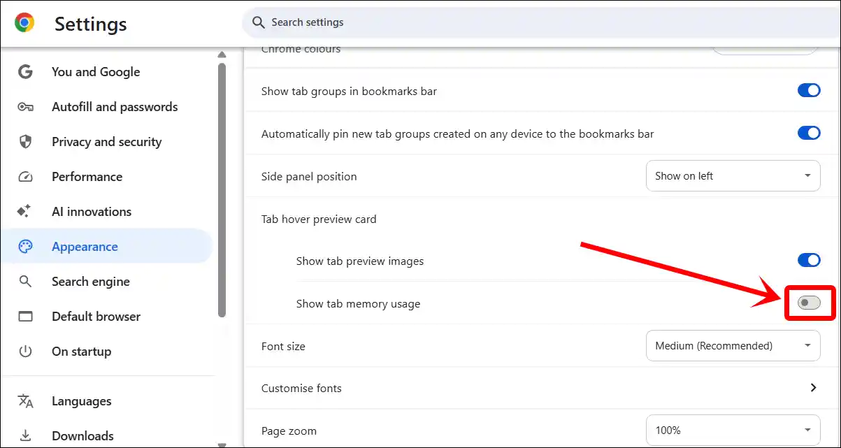 Hide memory usage per tab on hover from chrome