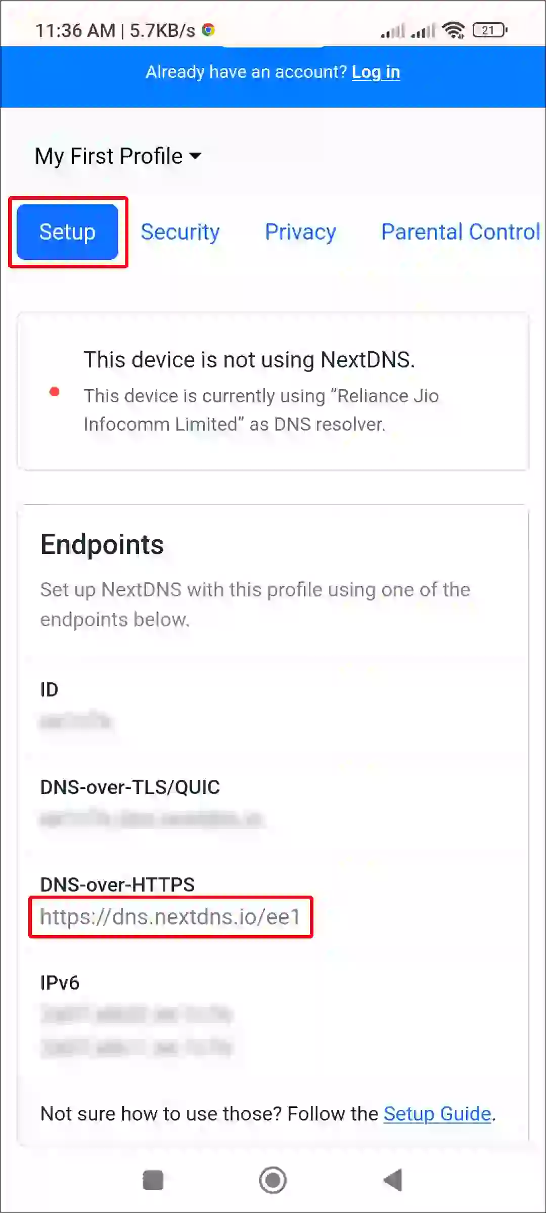 nextdns setup dns over https