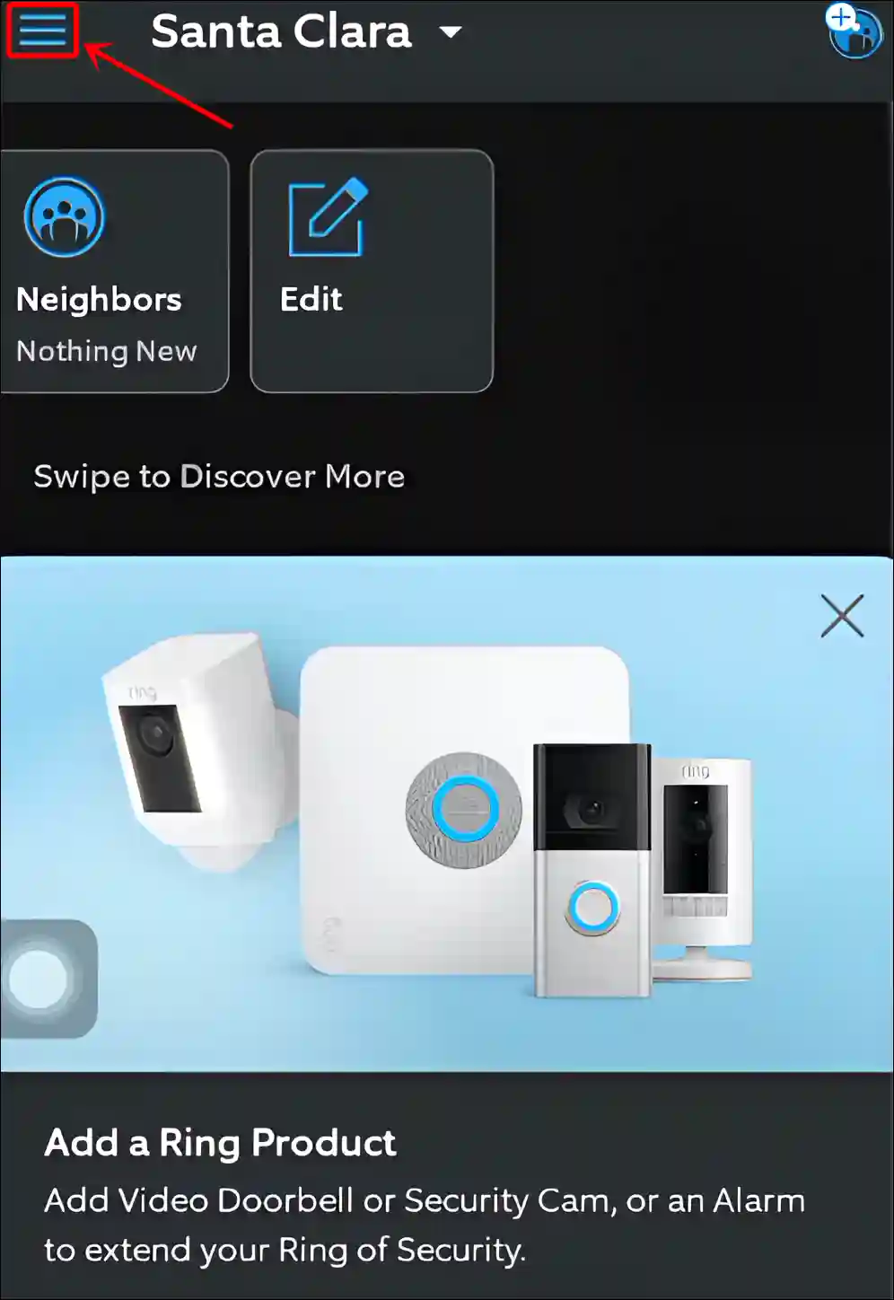 ring app three lines menu