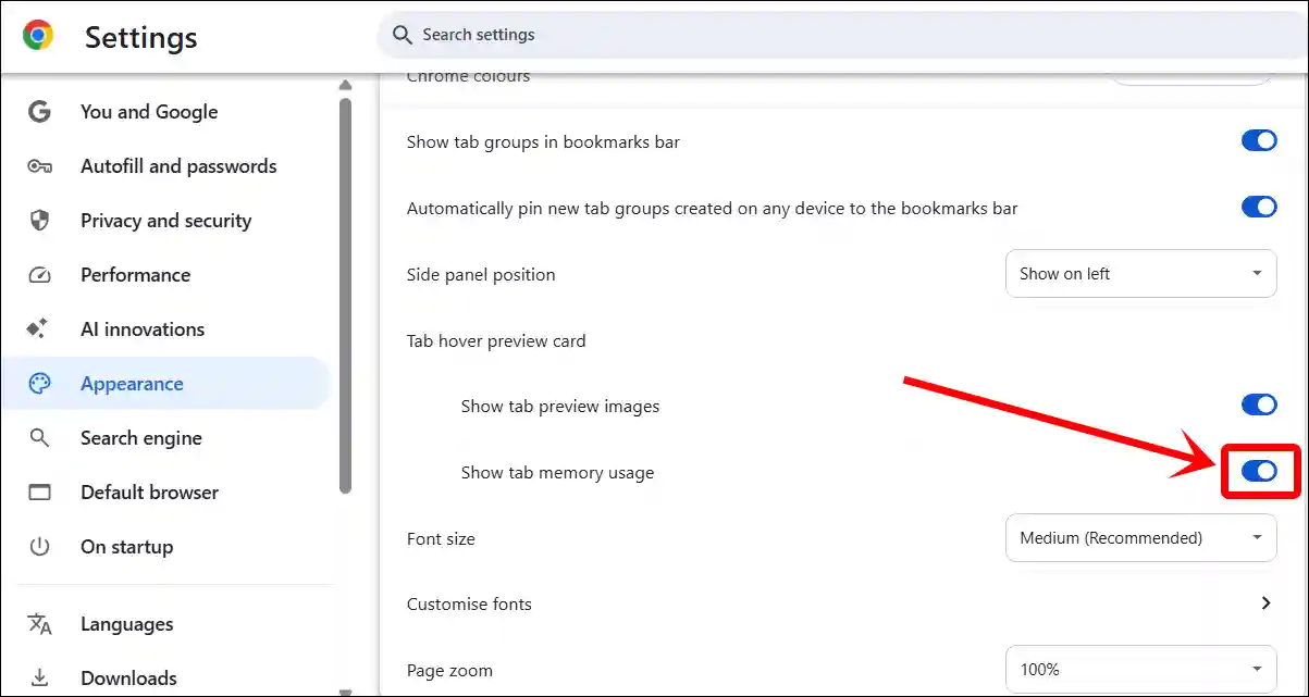 Show memory usage per tab on hover from chrome