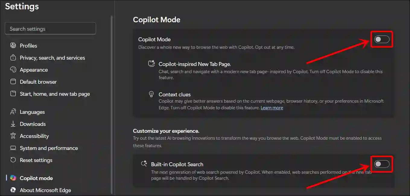 Turn off Copilot mode in edge browser