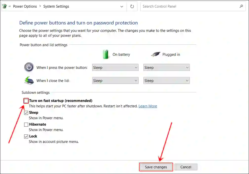 turn off fast startup windows 10