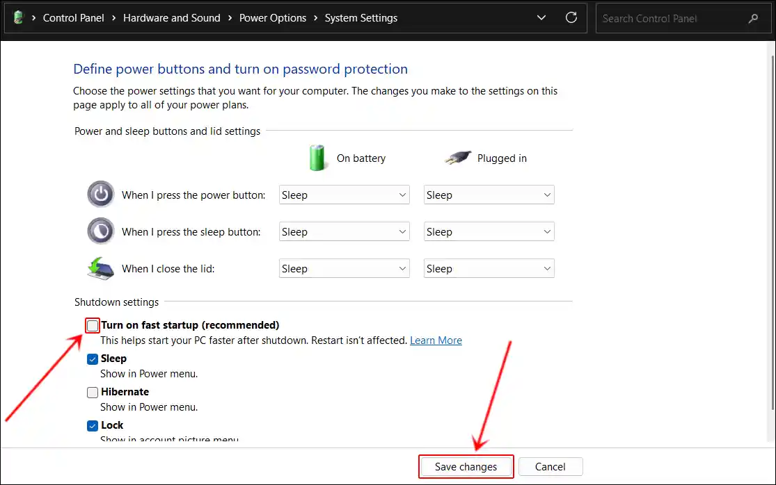 turn off fast startup windows 11