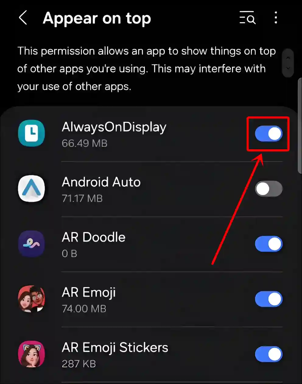 allow app to appear on top in samsung