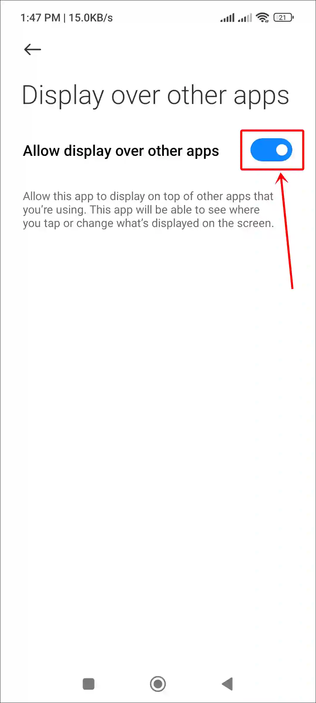 allow display over other apps on xiaomi, redmi, poco
