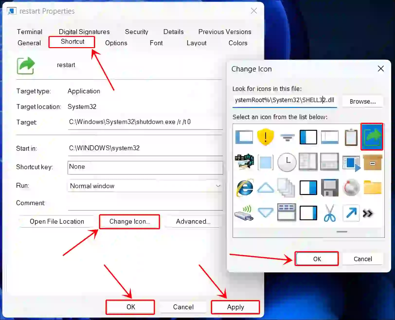 change windows 11 restart shortcut icon